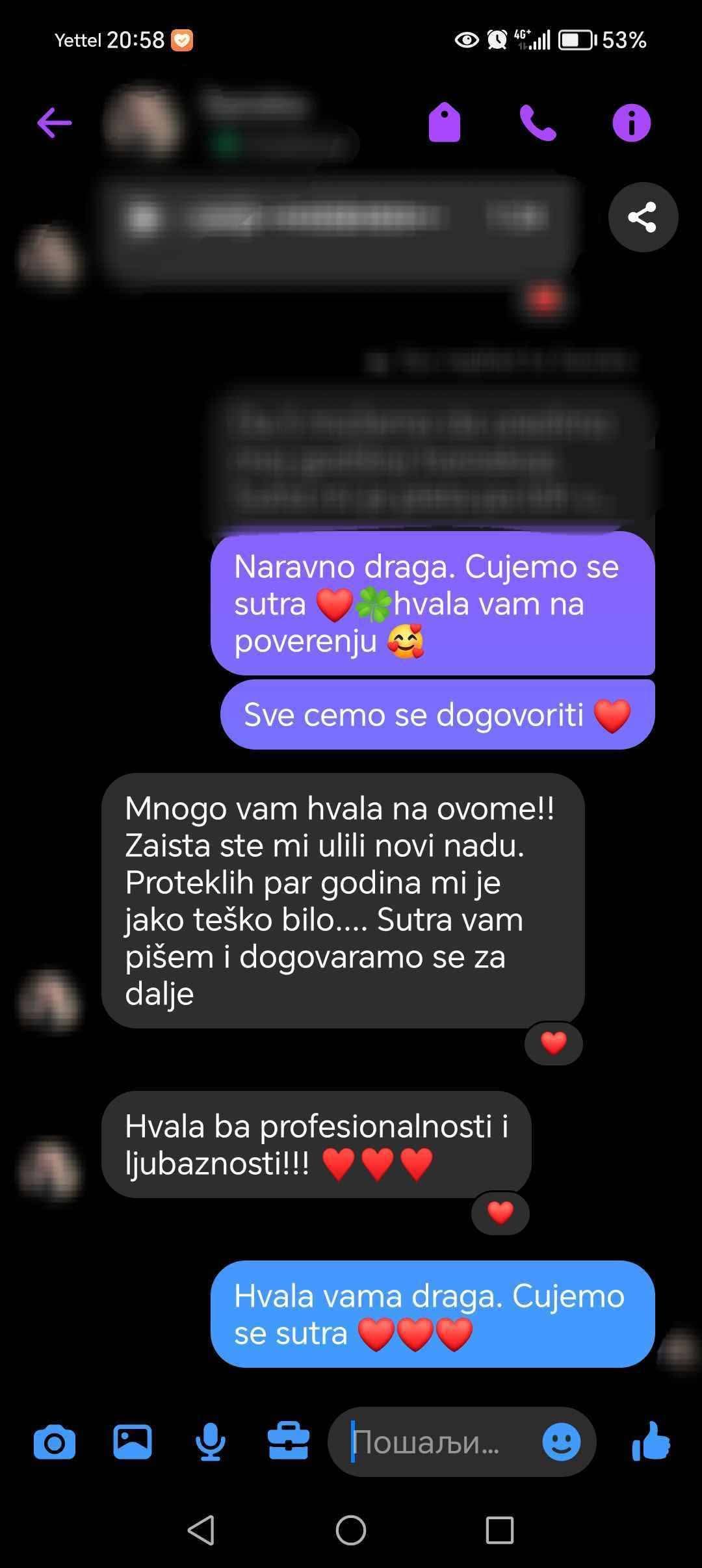 Poruka klijentkinje koja se zahvaljuje na profesionalnosti i ljubaznosti