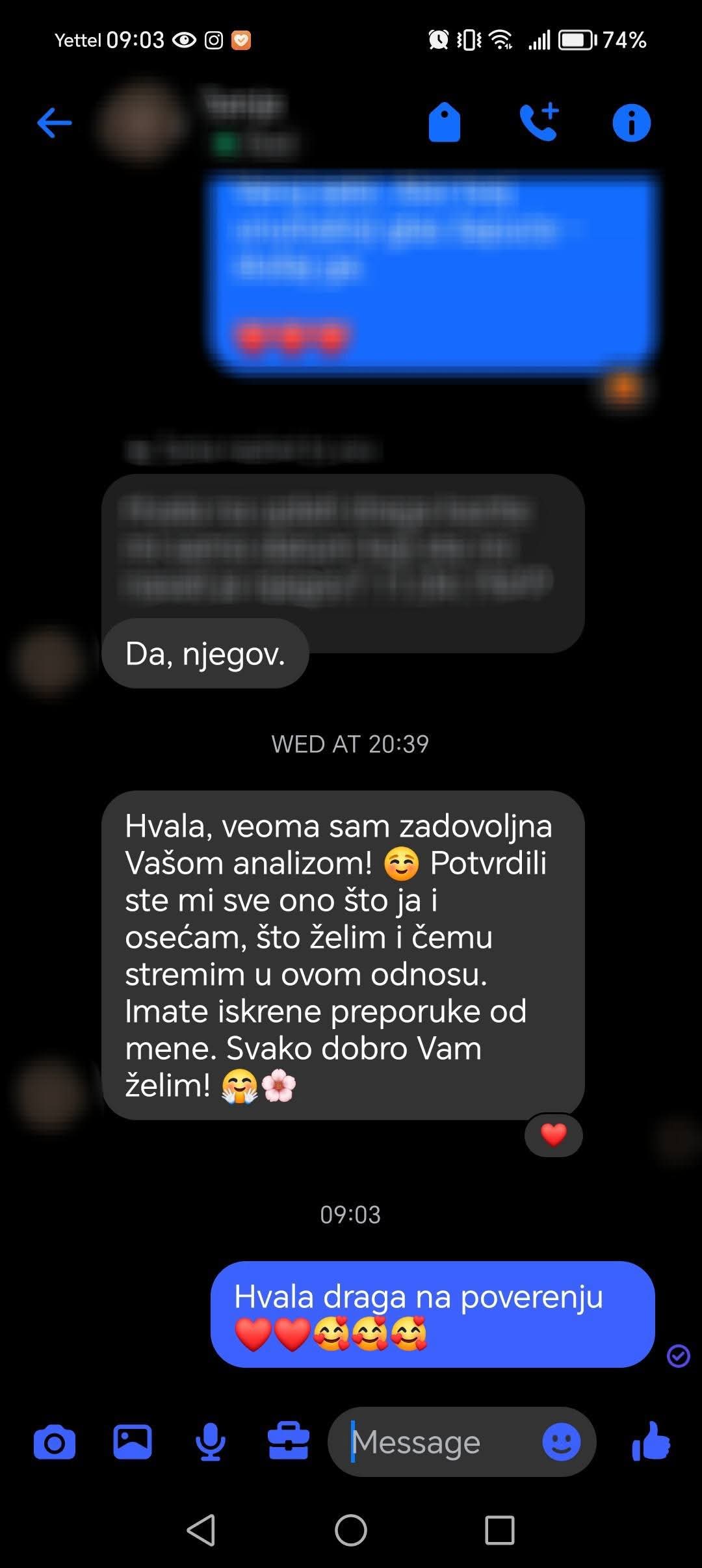 Poruka klijentkinje zadovoljne analizom odnosa