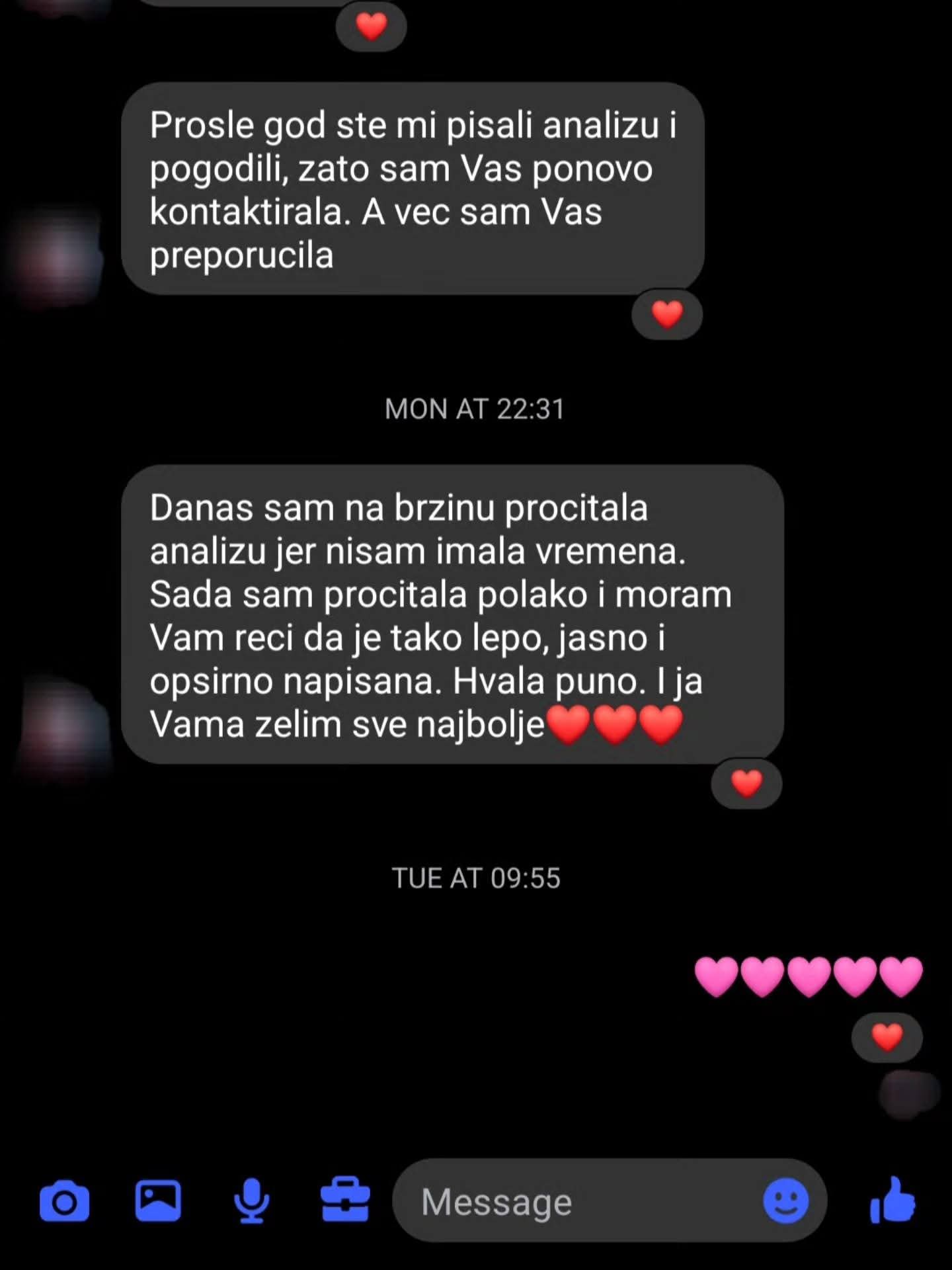 Poruka klijentkinje koja se ponovo javila nakon prošlogodišnje analize