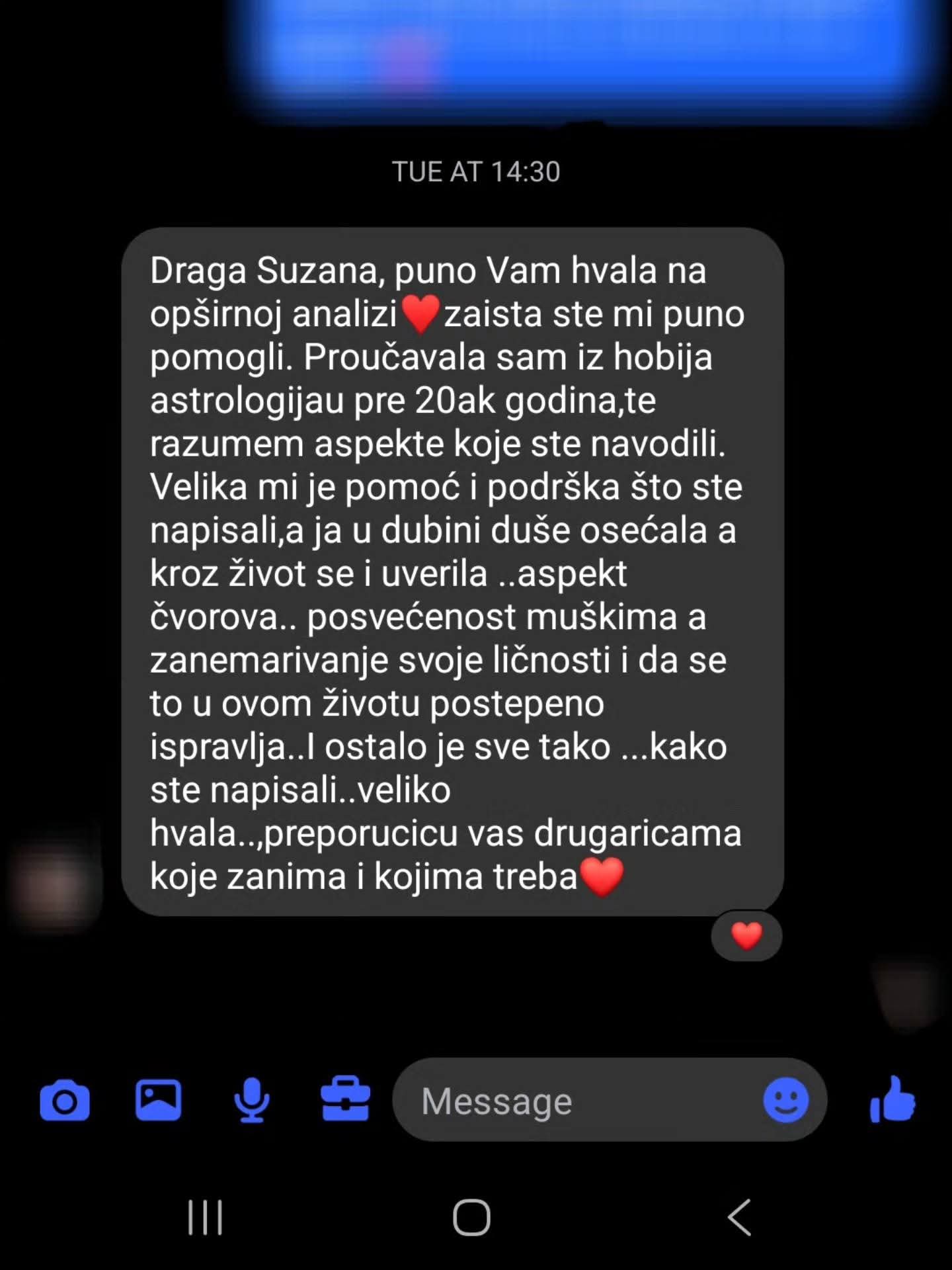 Poruka klijentkinje koja se bavila astrologijom i potvrđuje aspekte iz analize