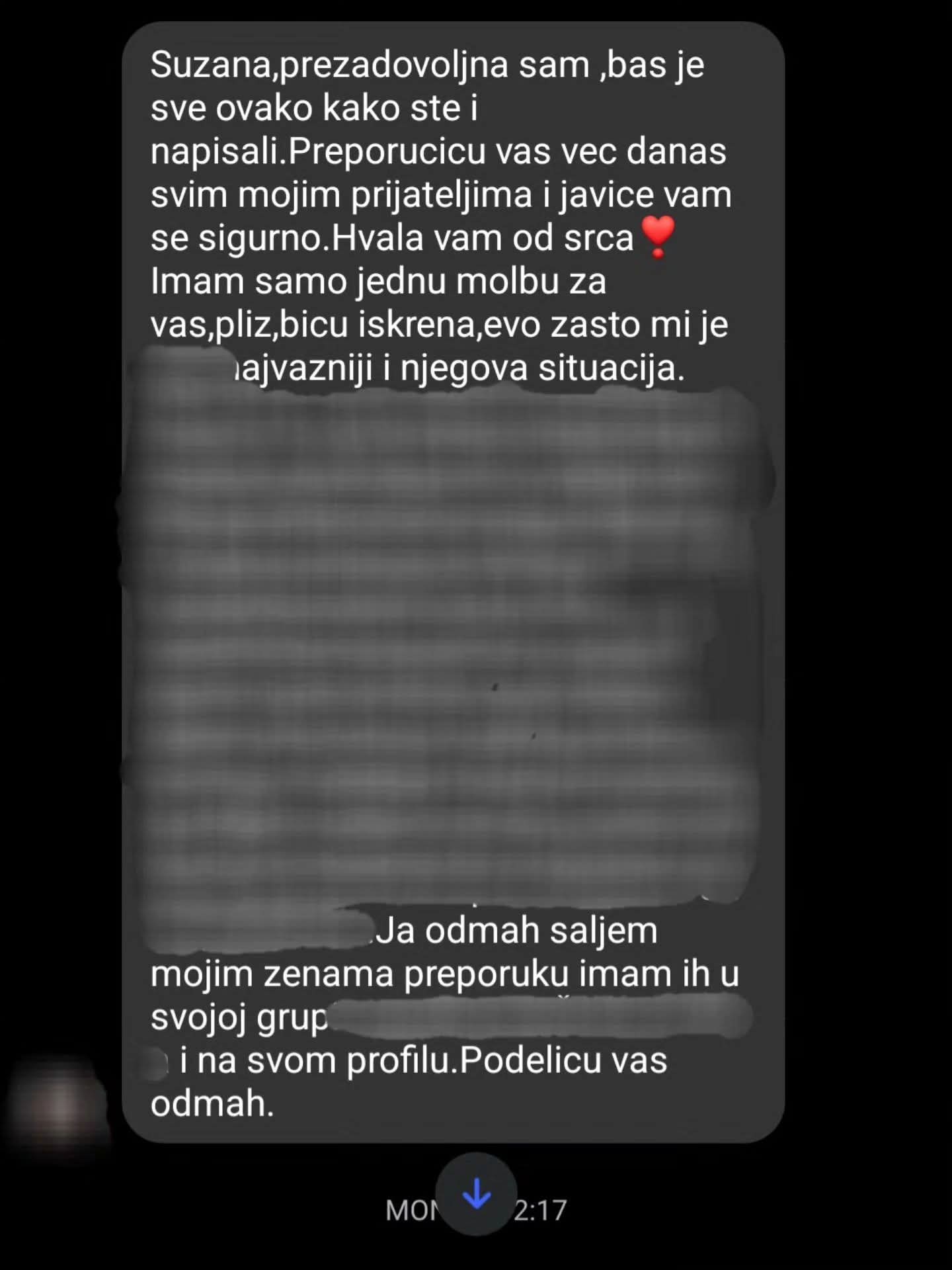 Poruka klijentkinje koja najavljuje preporuku prijateljicama