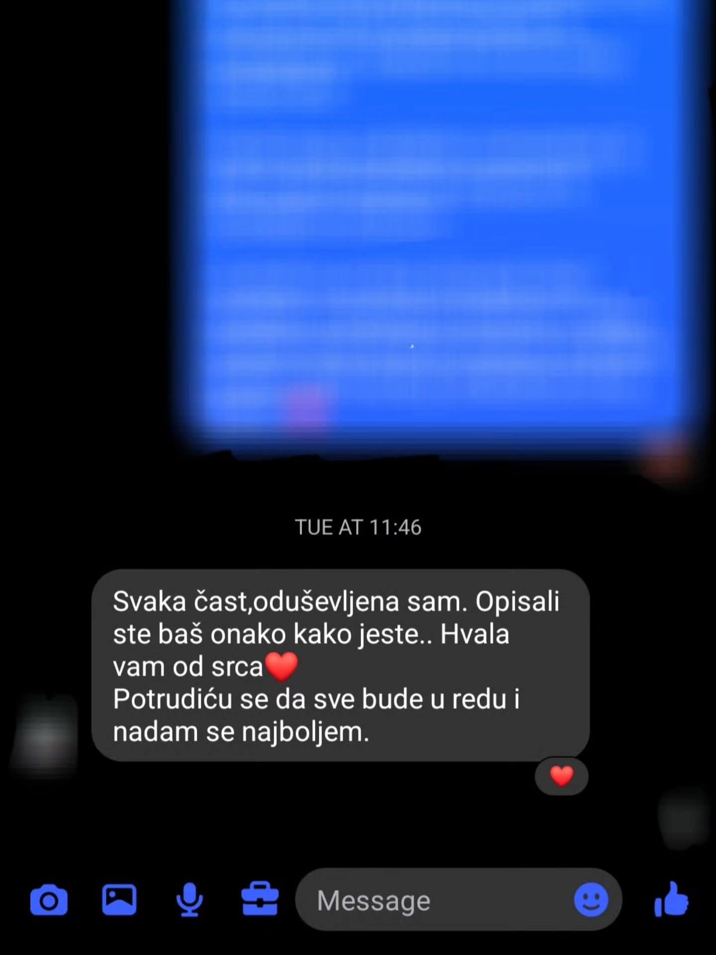 Poruka klijentkinje oduševljene tačnošću opisa